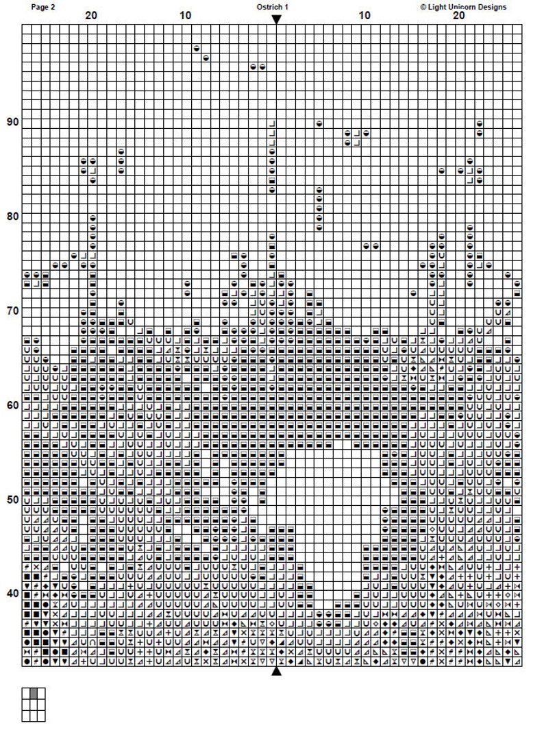 May include: A cross-stitch pattern chart with a grid of squares, featuring a design of an ostrich. The chart includes symbols and numbers for guidance. The text "Page 2" and "Ostrich 1" are visible.