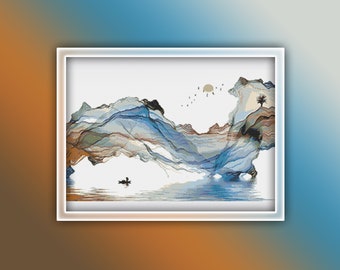 Japanisches Landschafts-Kreuzstichmuster 2 Sofortiger PDF-Download – Berge-Aquarell-Kreuzstichmuster – Japan-Kreuzstichmuster