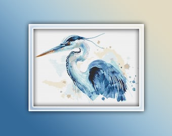 Great Blue Heron Cross Stitch Pattern 1 Instant PDF Download - Heron Bird Watercolor Cross Stitch Pattern - Bird Cross Stitch Pattern