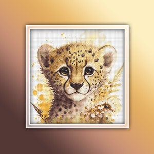 Cheetah Cross Stitch Pattern 5 Instant PDF Download - Cheetah Watercolor Cross Stitch Pattern - Animal Cross Stitch Pattern - Cheetah Cub