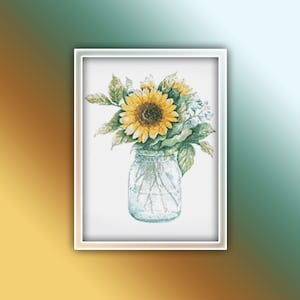 Sunflower Cross Stitch Pattern Instant PDF Download - Sunflower Vase Watercolor Cross Stitch Pattern