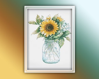 Sonnenblumen-Kreuzstichmuster Sofortiger PDF-Download - Sonnenblumenvase-Aquarell-Kreuzstichmuster