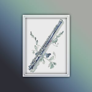 Flute Cross Stitch Pattern 1 Instant PDF Download - Flute Music Watercolor Cross Stitch Pattern - Flute Instrument