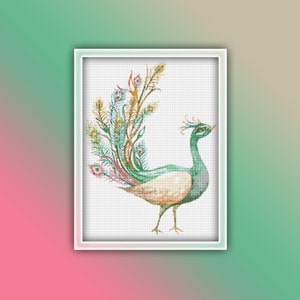 Peacock Cross Stitch Pattern 3 Instant PDF Download | Green and Cream Peacock Watercolor Cross Stitch Pattern | Bird Cross Stitch Pattern