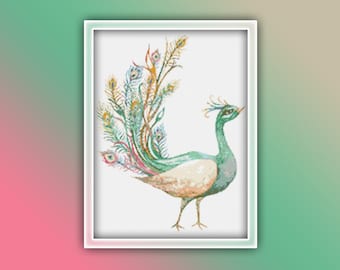 Peacock Cross Stitch Pattern 3 Instant PDF Download | Green and Cream Peacock Watercolor Cross Stitch Pattern | Bird Cross Stitch Pattern