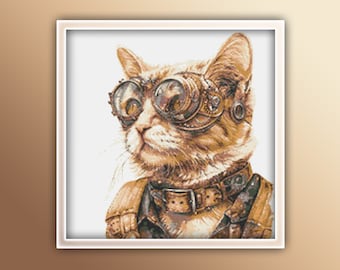 Steampunk Cat Cross Stitch Pattern Instant PDF Download - Cat Cross Stitch Pattern - Steampunk Cross Stitch Pattern - Ginger Cat Goggles