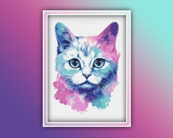 Galaxy Cat Cross Stitch Pattern 2 Instant PDF Download - Star Black Cat Watercolor Cross Stitch Pattern - Animal Cross Stitch Pattern