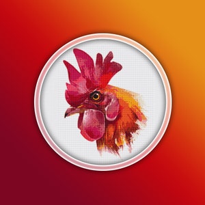 Rooster Cross Stitch Pattern 1 Instant PDF Download - Chicken Watercolor Cross Stitch Pattern - Bird Cross Stitch