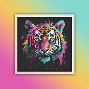 May include: A colorful abstract painting of a tiger's face with splashes of pink, yellow, blue, and green paint on a black background.