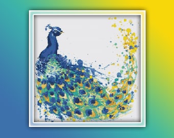 Peacock Cross Stitch Pattern 7 Instant PDF Download - Peacock Watercolor Cross Stitch Pattern - Bird Cross Stitch Pattern
