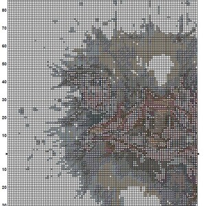 May include: A cross-stitch pattern chart with a grid of squares, featuring a detailed design with various colours. The chart includes the text "Page 1" and "Ostrich 1" along with the Light Unicorn Designs logo.