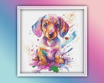 Patrón de punto de cruz Dachshund 11 Descarga instantánea en PDF - Patrón de punto de cruz de acuarela Dachshund - Patrón de punto de cruz animal