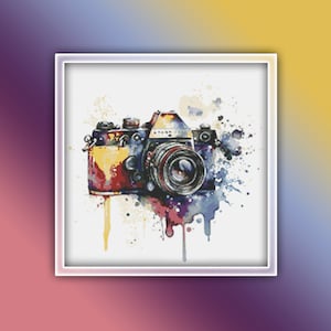 May include: A vintage camera with colorful watercolor paint splatters, creating a vibrant and artistic effect.