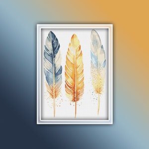 Feathers Cross Stitch Pattern 5 Instant PDF Download- Feather Watercolor Cross Stitch Pattern - Cream Blue Feathers
