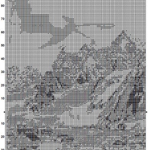 Pu&ograve; includere: Grafico di punto croce in bianco e nero con una griglia di 90 quadrati per 90 quadrati. Il grafico mostra un disegno di una catena montuosa con una cima innevata. Il grafico &egrave; etichettato "Groenlandia 1" e "Pagina 1".