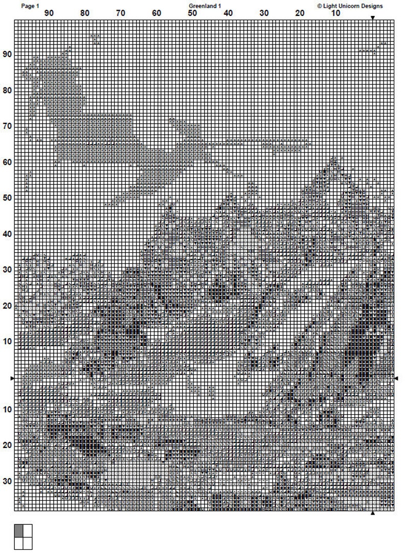 Pu&ograve; includere: Grafico di punto croce in bianco e nero con una griglia di 90 quadrati per 90 quadrati. Il grafico mostra un disegno di una catena montuosa con una cima innevata. Il grafico &egrave; etichettato "Groenlandia 1" e "Pagina 1".