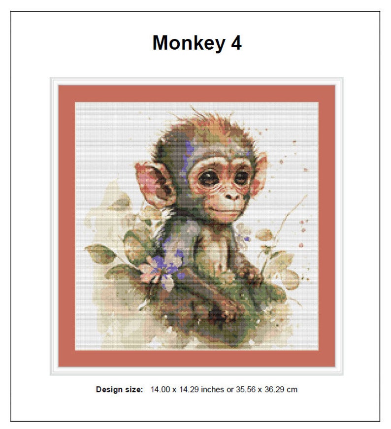 Monkey Cross Stitch Pattern 4 Instant PDF Download - Monkey Watercolor ...