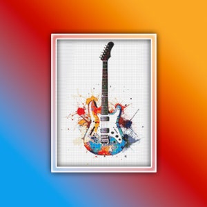 Electric Guitar Cross Stitch Pattern 1 Instant PDF Download - Colorful and White Guitar Watercolor Cross Stitch Pattern - Watercolor