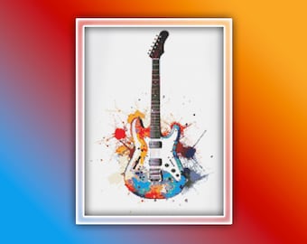 Pode incluir: Uma guitarra elétrica branca com respingos de tinta coloridos atrás dela. A guitarra tem um protetor de palheta preto e uma ponte cromada.
