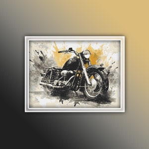 Op de afbeelding: Een zwarte motorfiets met een gele en grijze aquarel achtergrond. De motorfiets heeft een groot voorwiel en een chromen koplamp.