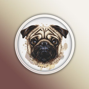 May include: A close-up of a pug's face with brown fur and a black nose. The pug is looking directly at the camera with a serious expression. The background is a white canvas with brown watercolor splatters.