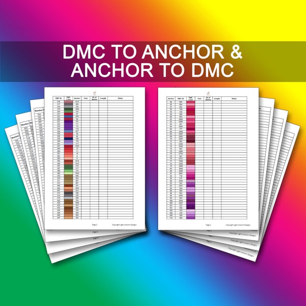 Wykres konwersji DMC na Anchor PDF Natychmiastowe pobieranie | Schemat haftu krzyżykowego | Inwentarz | Lista wątków Dmc | Lista wątków zakotwiczonych