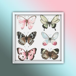 Pode incluir: Uma moldura branca com seis ilustrações coloridas de borboletas. As borboletas são em vários tons de rosa, marrom, verde e azul.