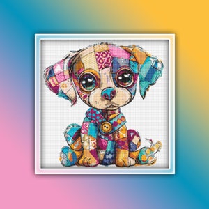 May include: A colorful patchwork puppy with big blue eyes sits on a white background. The puppy is made of different colored fabrics and has a button on its chest.