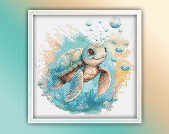 Sea Turtle Cross Stitch Pattern 15 Instant PDF Download - Baby Sea Turtle Watercolor Stitching Pattern - Kids Room Cross Stitch Pattern