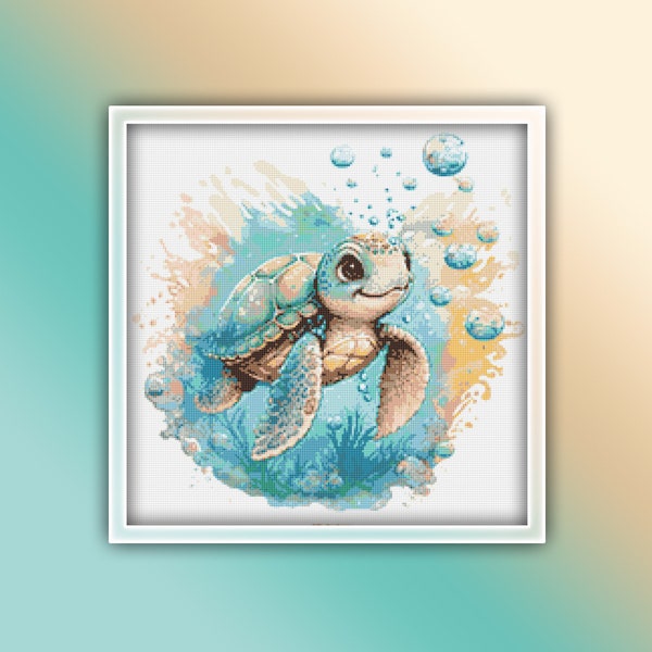 Zeeschildpad kruissteekpatroon 15 Instant PDF downloaden - Baby zeeschildpad aquarel stikpatroon - kinderkamer kruissteekpatroon