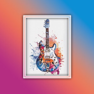 Electric Guitar Cross Stitch Pattern 2 Instant PDF Download - Colorful and White Guitar Watercolor Cross Stitch Pattern - Watercolor