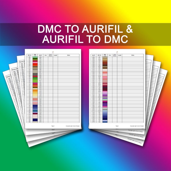 DMC naar Aurifil conversietabel PDF direct downloaden | Kruissteekschema | Voorraad | Dmc-threadlijst | Aurifil-threadlijst