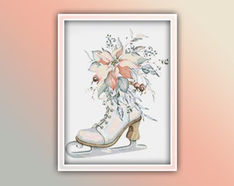 Ice Skating Boot Cross Stitch Pattern Instant PDF Download - Figure Skating Ice Skate Watercolor Cross Stitch Pattern