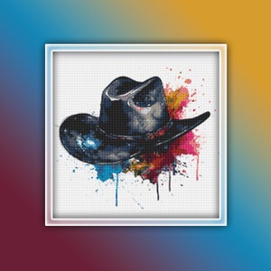 Cowboyhoed Cross Stitch patroon 1 Instant PDF downloaden - Sheriff Hat aquarel Cross Stitch patroon - zwarte cowboyhoed - zwarte hoed