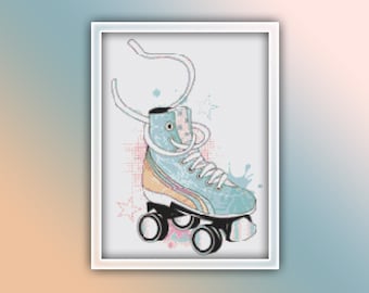 Patín de ruedas Patrón de punto de cruz 1 Descarga instantánea en PDF - Patines de ruedas Patrón de punto de cruz de acuarela