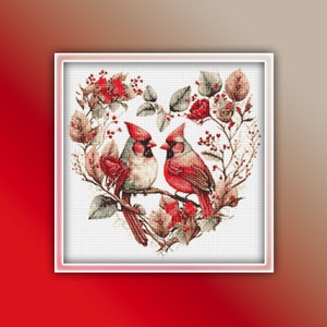 Cardinals Heart Cross Stitch Pattern 2 Instant PDF Download - Cardinalidae Watercolor Cross Stitch Pattern - Cardinal Bird Cross Stitch