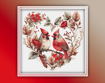 Cardinals Heart Cross Stitch Pattern 2 Instant PDF Download - Cardinalidae Watercolor Cross Stitch Pattern - Cardinal Bird Cross Stitch