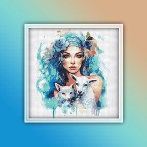 Female Shephard Cross Stitch Pattern 2 Instant PDF Download - Woman Art Watercolor Cross Stitch Pattern - Sheep - Lamb - Woman holding Sheep