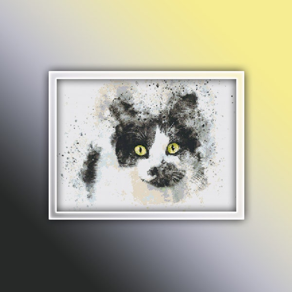 Black and White Cat Cross Stitch Pattern Instant PDF Download - Kitty Cat Watercolor Cross Stitch Pattern - Animal Cross Stitch