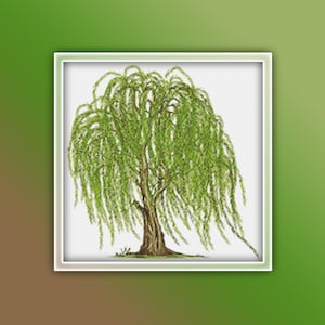 May include: A cross-stitch pattern of a weeping willow tree with green leaves and a brown trunk. The tree is set against a white background.