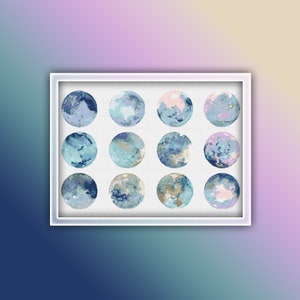 May include: A white frame with a white background containing 12 blue, green, and pink watercolor circles. The circles are arranged in a grid pattern.