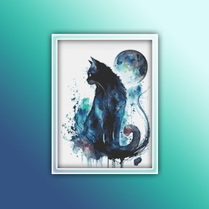 Black Cat Cross Stitch Pattern 7 Instant PDF Download - Black Cat Watercolor Cross Stitch Pattern - Animal Cross Stitch Pattern