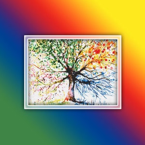 May include: A watercolor painting of a tree with four different colored branches representing the four seasons. The branches are green for spring, pink for summer, orange for autumn, and blue for winter.