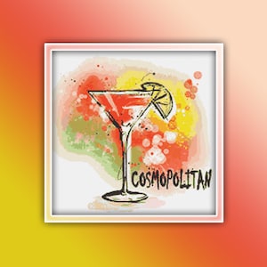 May include: A watercolor illustration of a Cosmopolitan cocktail in a martini glass with a lime wedge garnish. The text "COSMOPOLITAN" is written below the glass.