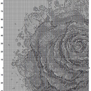 K&ouml;nnte beinhalten: Ein schwarz-wei&szlig;es Kreuzstichmuster einer roten Rose. Das Muster befindet sich auf einem Gitter mit Zahlen oben und an der Seite. Der Titel "Red Rose 8" befindet sich oben auf dem Gitter.