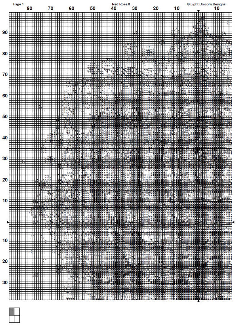 K&ouml;nnte beinhalten: Ein schwarz-wei&szlig;es Kreuzstichmuster einer roten Rose. Das Muster befindet sich auf einem Gitter mit Zahlen oben und an der Seite. Der Titel "Red Rose 8" befindet sich oben auf dem Gitter.
