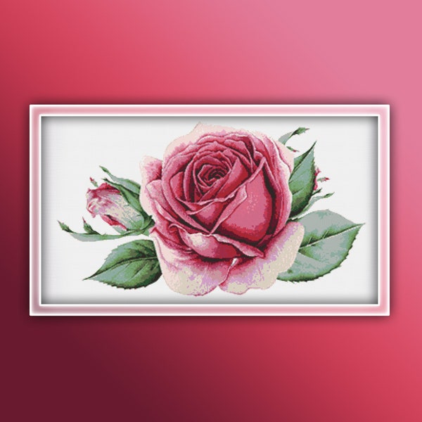 Pink Rose Cross Stitch Pattern 17 Instant PDF Download - Single Pink Rose Watercolor Cross Stitch Pattern