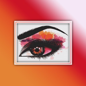May include: A close-up of a woman's eye with dramatic makeup. The eye is outlined in black eyeliner and has long, thick eyelashes. The eyeshadow is a blend of pink, orange, and brown colors. The eye is looking to the right.