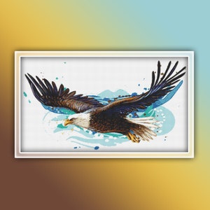 May include: A brown and white bald eagle with its wings spread wide, flying through a blue and white watercolor background.