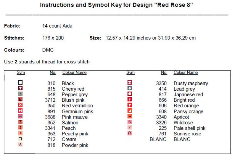 K&ouml;nnte beinhalten: Eine Kreuzstich-Musterkarte f&uuml;r ein Design "Red Rose 8". Die Karte enth&auml;lt eine Symbol&uuml;bersicht mit DMC-Garnfarben und -Nummern sowie die Stoffz&auml;hlung, die Stichzahl und die Gr&ouml;&szlig;e in Zoll und Zentimetern.